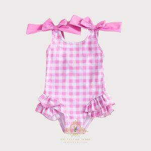 NWT Pretty Girls One-Piece Swimsuit Kids Swimwear Gingham Pink & White 18-24M
